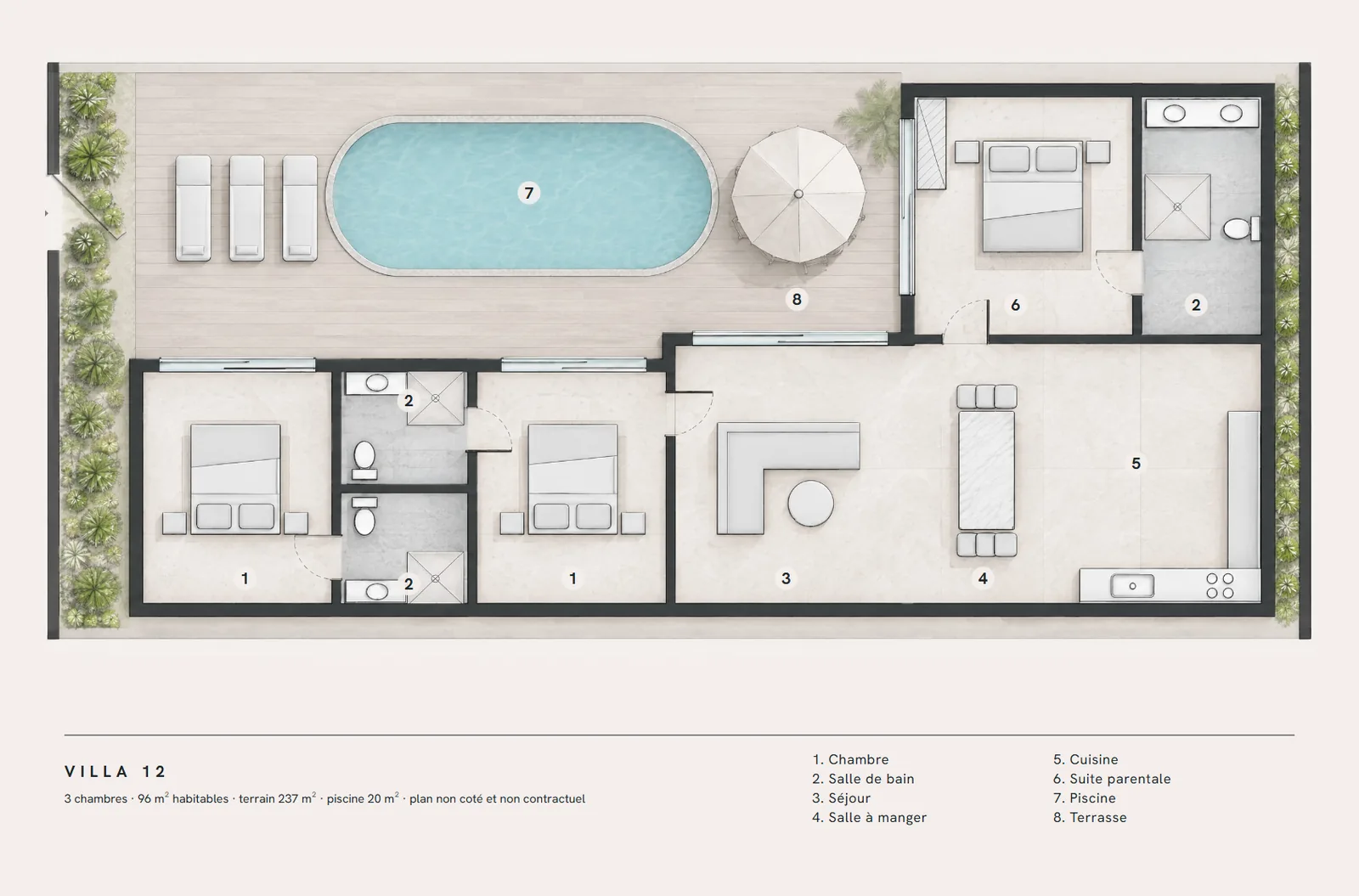Plan de la villa 12 : organisation des pièces, plan non coté
