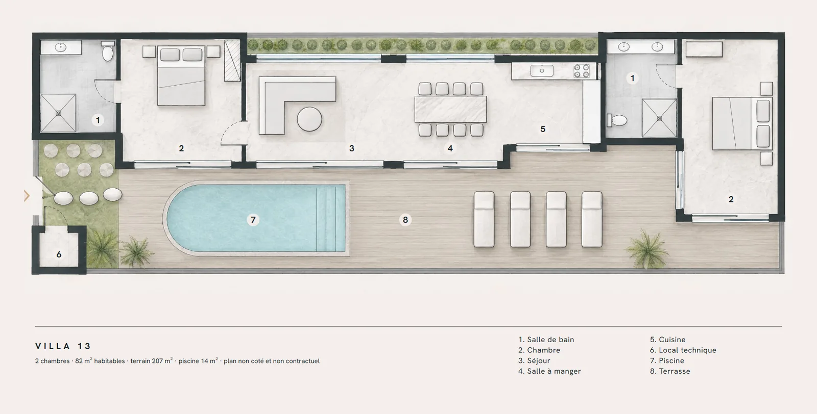Plan de la villa 13 : organisation des pièces, plan non coté