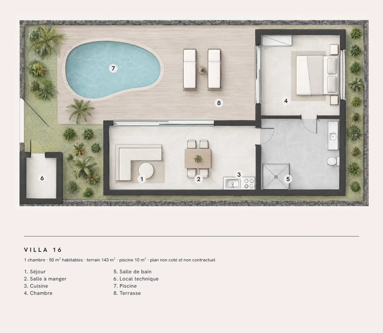 Plan de la villa 16 : organisation des pièces, plan non coté