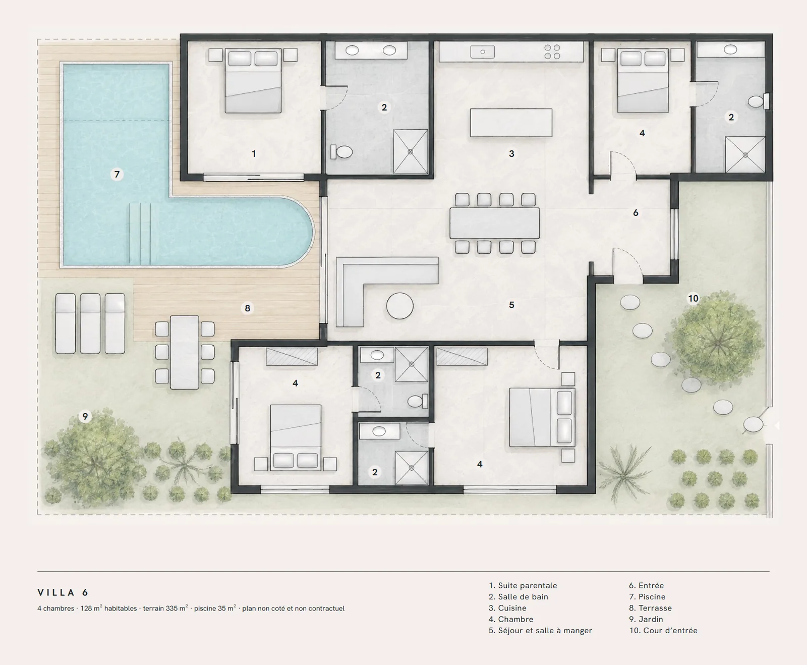 Plan de la villa 6 : organisation des pièces, plan non coté